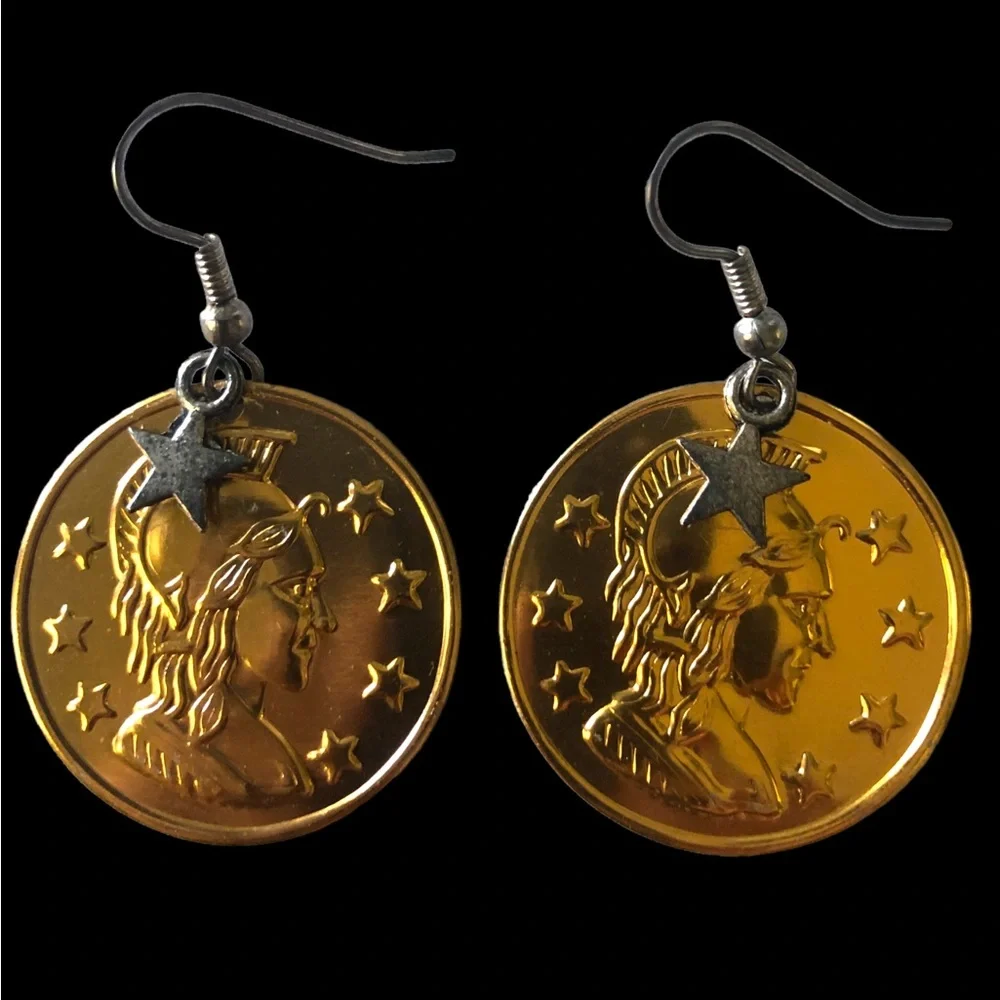 Earrings coin disk lightweight Star dangle - Picture 2 of 12